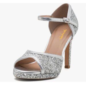 XYD Silver Glitter Stiletto Heels Platform Ankle Strap Sequins Ballroom Shoes